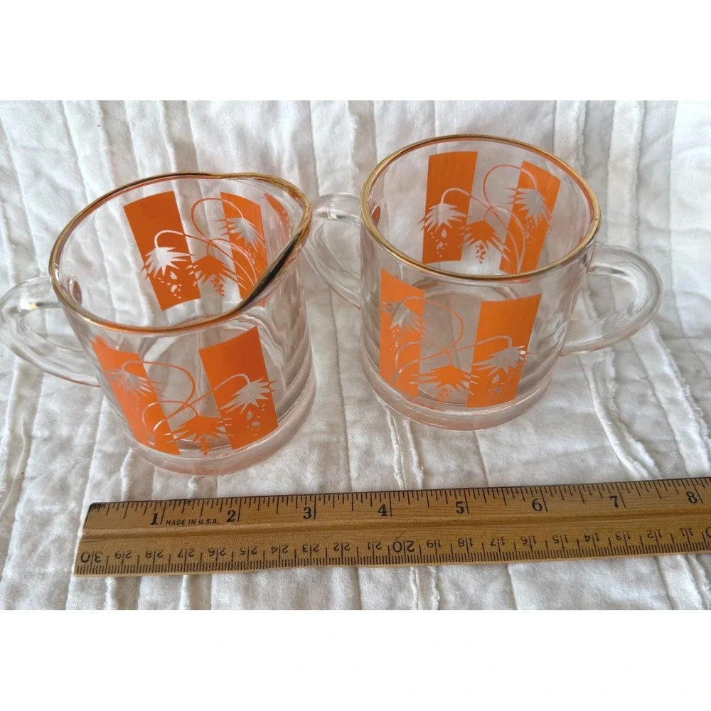 Vintage Creamer Sugar Set Orange White Floral Gold Trim Retro MCM Glassware Mod